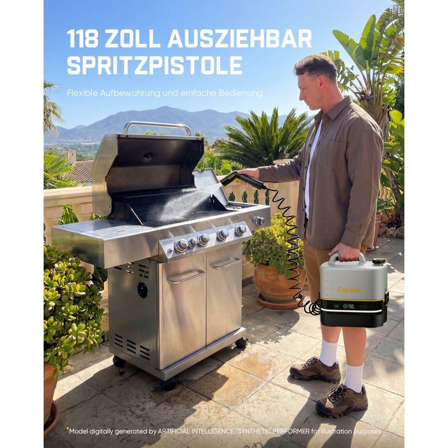 Man using a Fanttik NB10 Nano Portable Cordless Electric Sprayer on a grill with text about a 118-inch retractable spary gun.