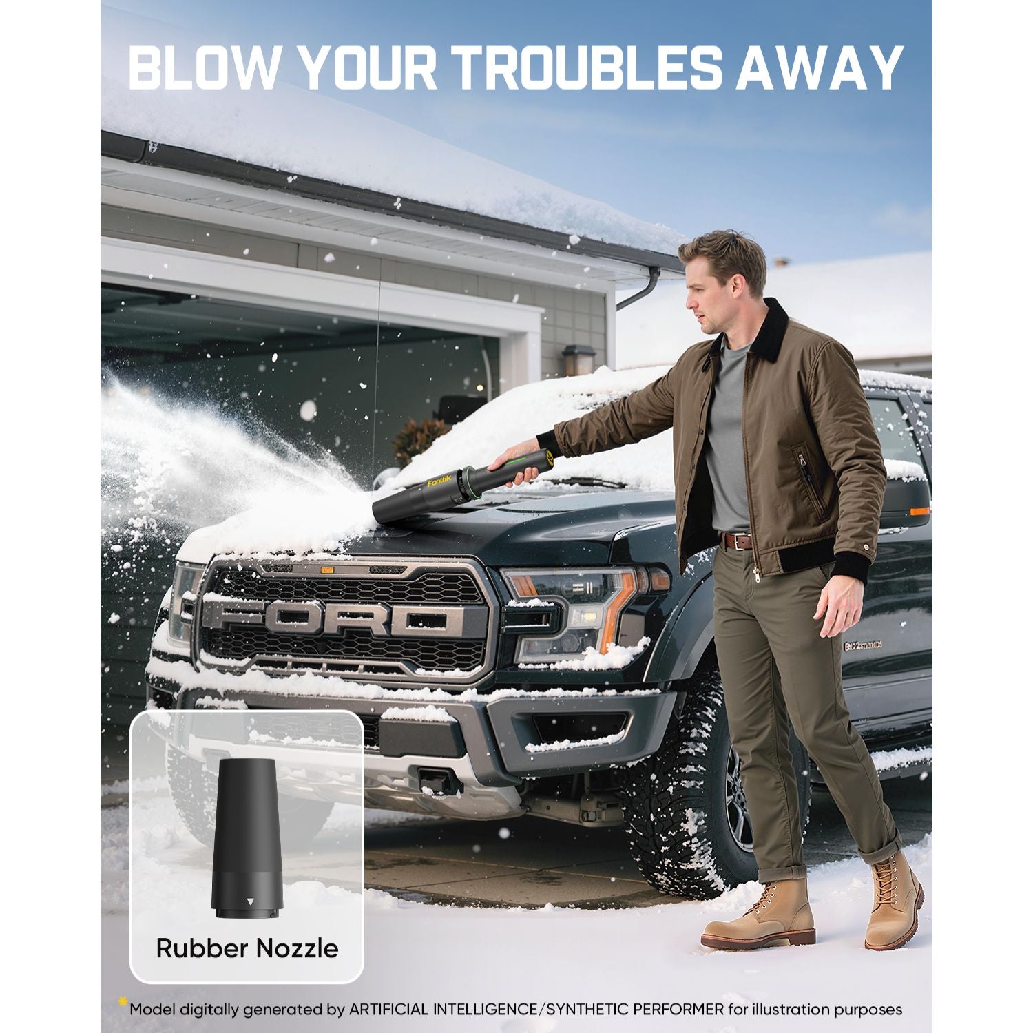 Fanttik BF10 Pro leaf blower clears snow from Ford Raptor, showing scratch-free rubber nozzle.