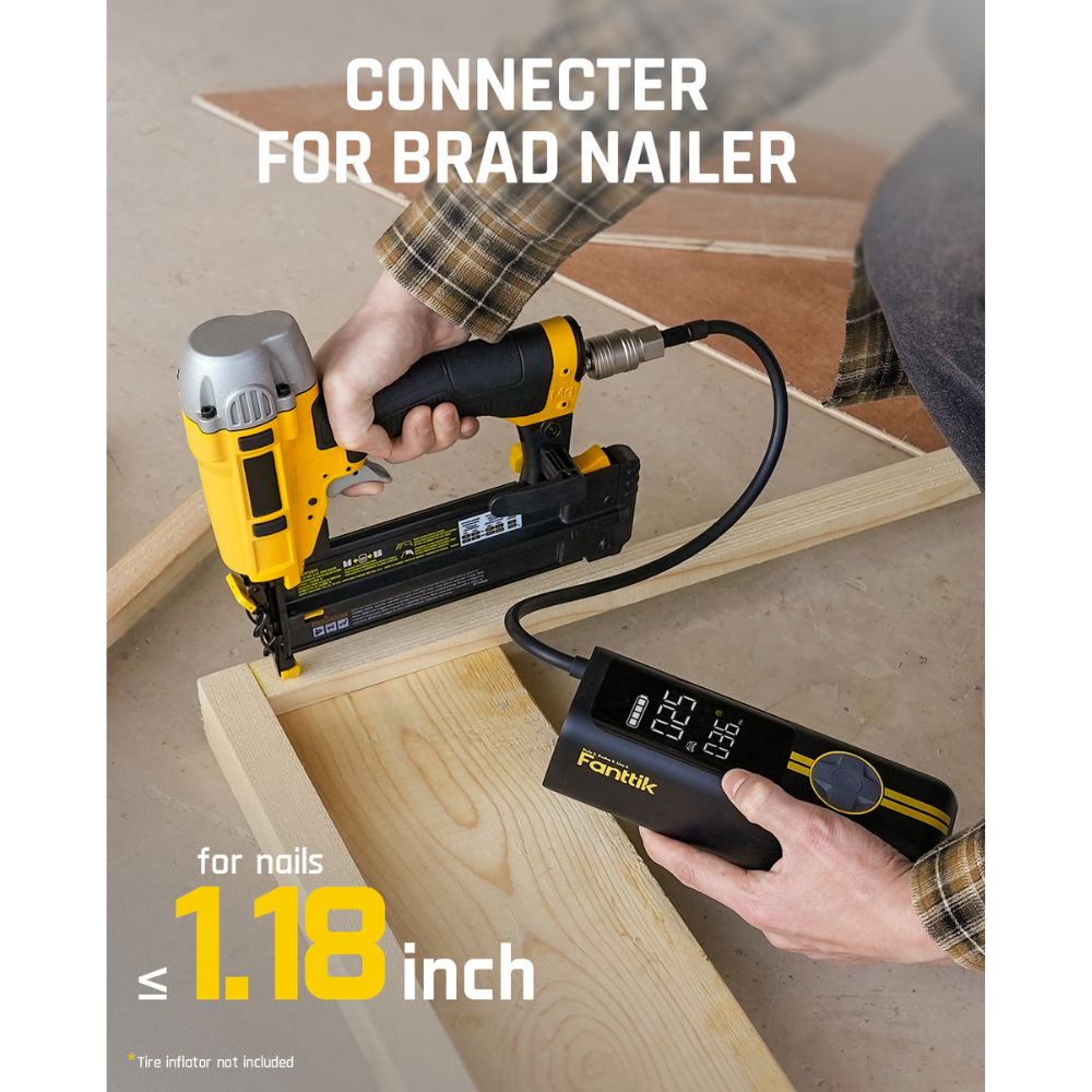 Fanttik S08 female industrial air coupler connecting a brad nailer for 1.18 inch nails.