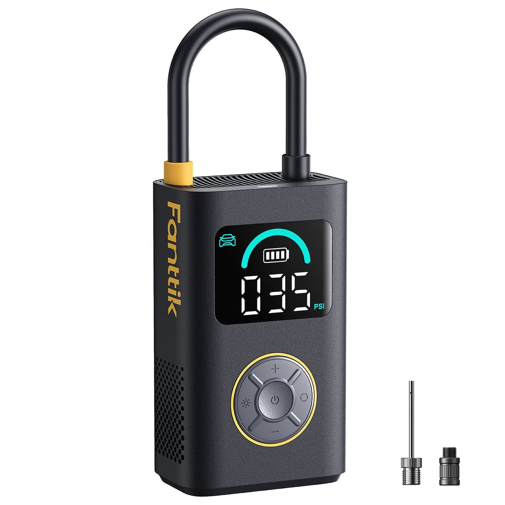 Fanttik X10 Pro portable tire inflator, black digital air pump with 35 PSI display and hose