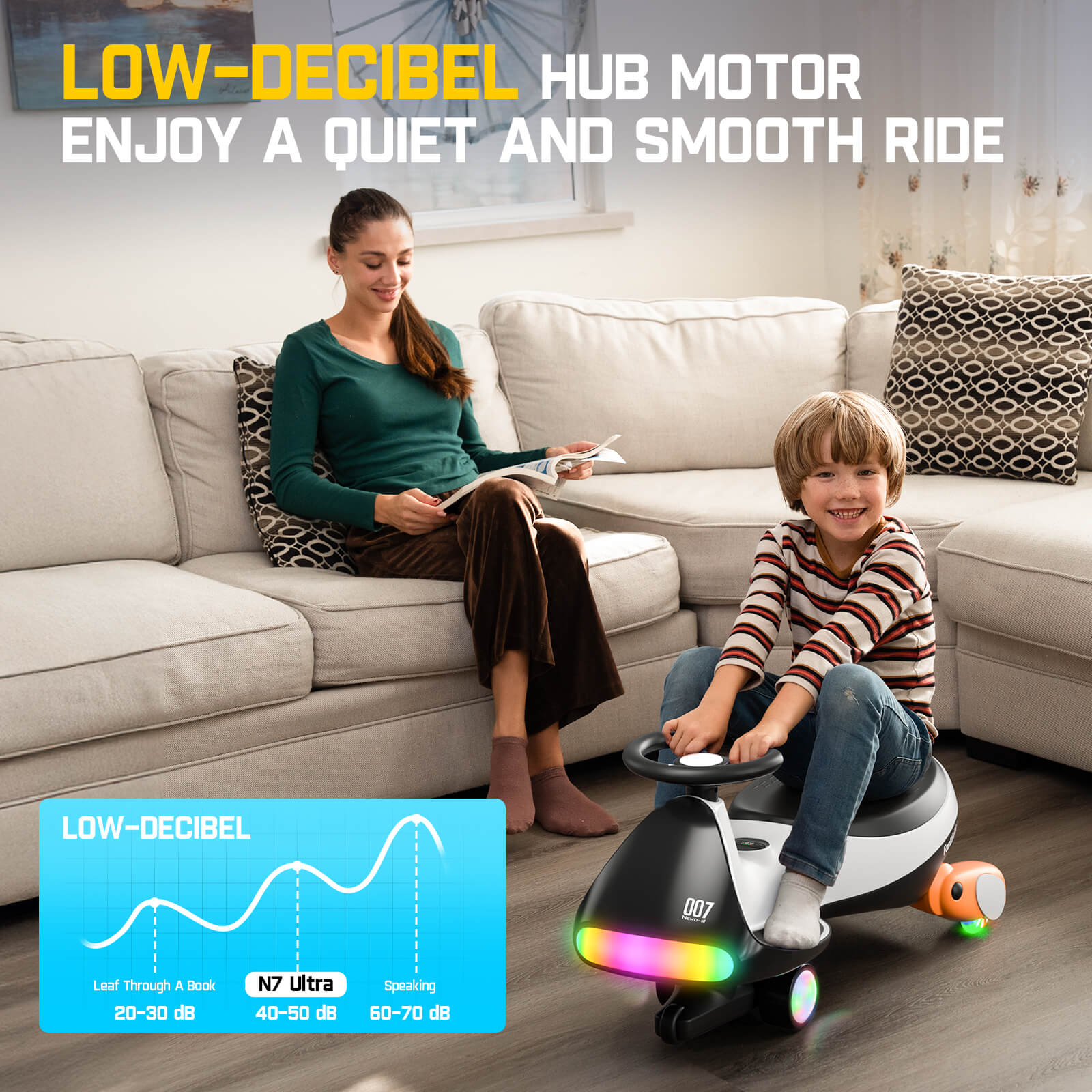 FanttikRide N7 Ultra electric wiggle car with colorful lights, featuring low-decibel hub motor for quiet operation.