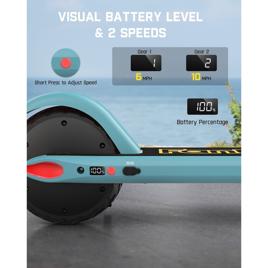 FanttikRide C9 electric scooter display showing 100% battery, Gear 1 at 6 MPH, and Gear 2 at 10 MPH.