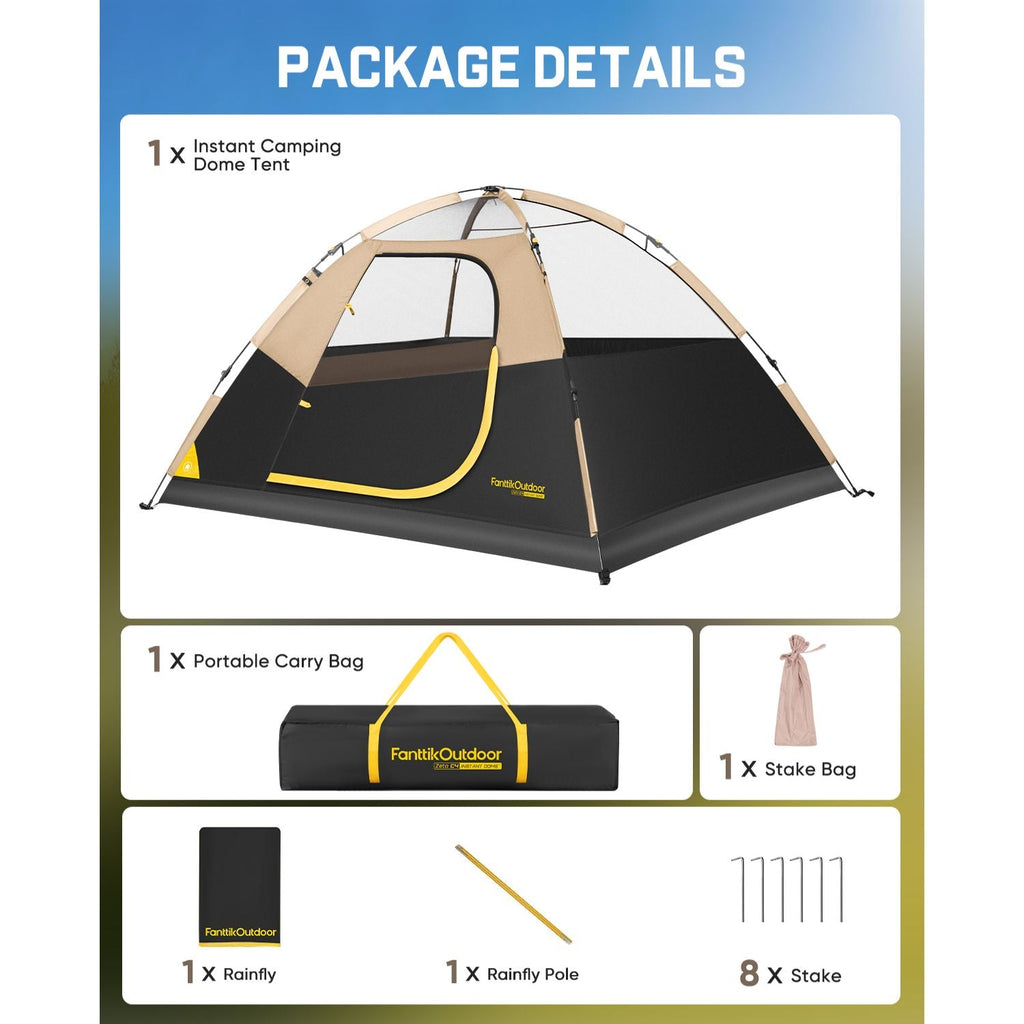 Package details for FanttikOutdoor Zeta C2/C3/C4 instant dome tent with carry bag, stake bag, rainfly, pole, and 8 stakes