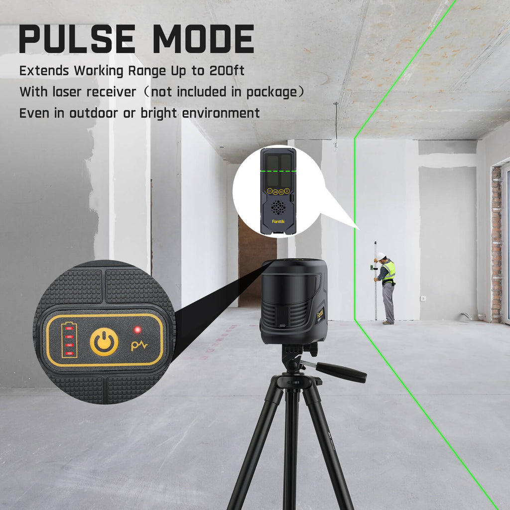 Fanttik D2 PLUS laser level in pulse mode, extending range to 200ft outdoors with green laser line.