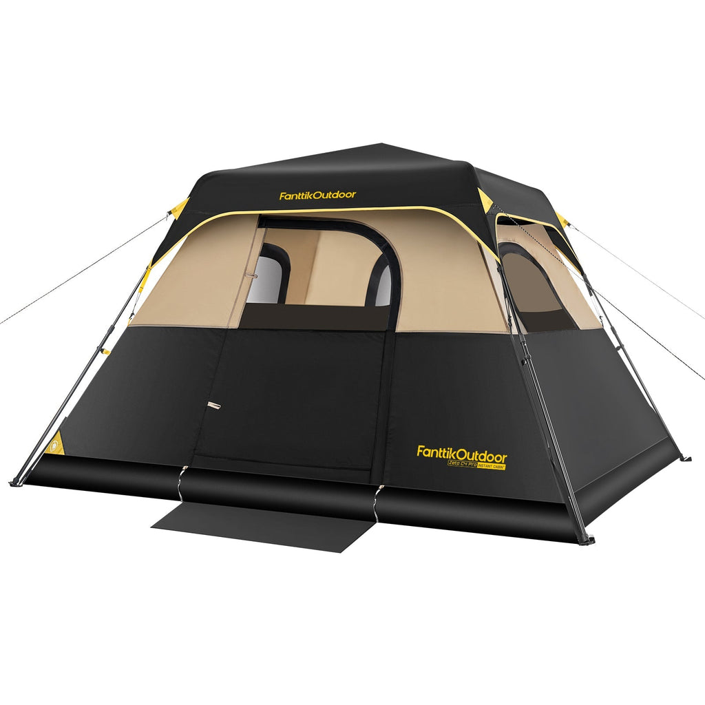 FanttikOutdoor Zeta C4 Pro 4 person black and tan instant cabin tent with mesh windows and yellow accents.