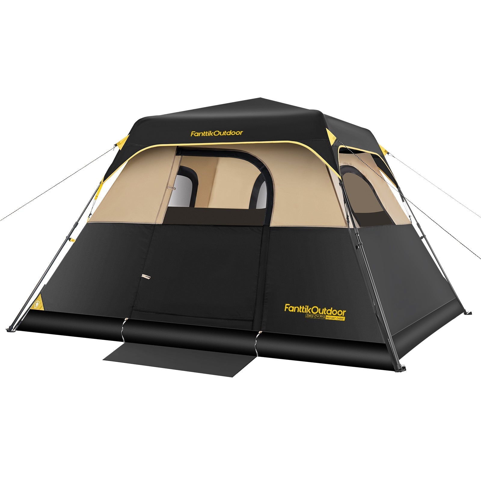 FanttikOutdoor Zeta C4 Pro 4 person black and tan instant cabin tent with mesh windows and yellow accents.