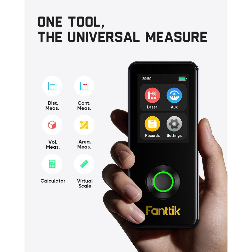 Hand holding a Fanttik Neo A11 Pro Laser Measuring Tool with various measurement functions displayed, branded as Fantik.