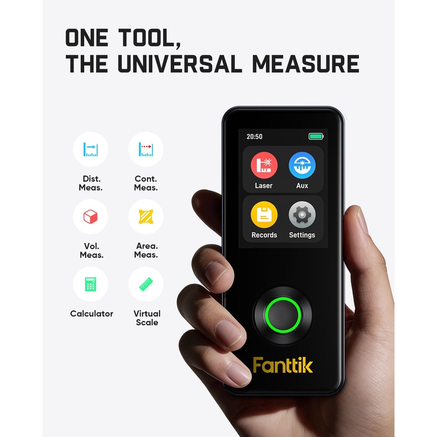 Hand holding a Fanttik Neo A11 Pro Laser Measuring Tool with various measurement functions displayed, branded as Fantik.