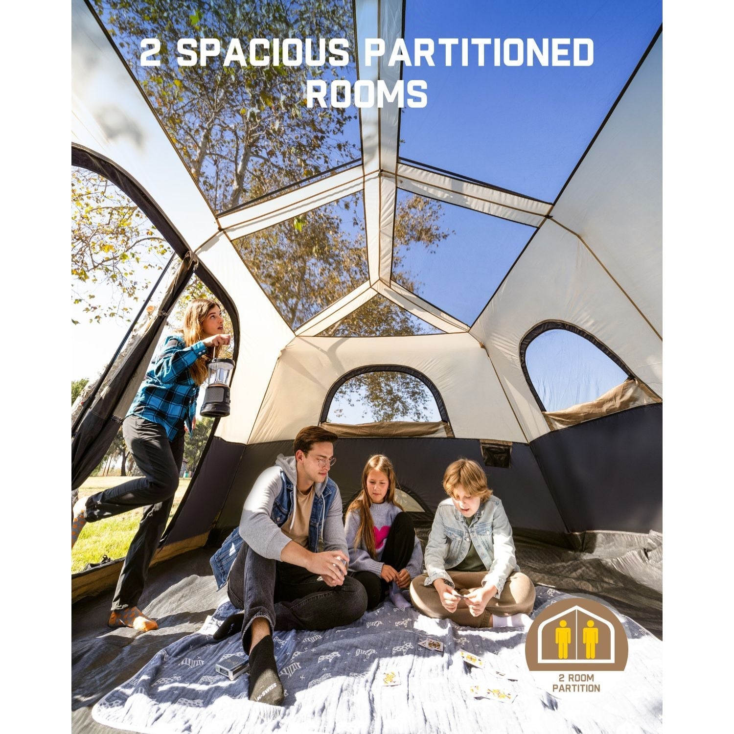 FanttikOutdoor Zeta C10 Pro Max 10-person tent interior with family, featuring 2 spacious partitioned rooms and mesh windows.
