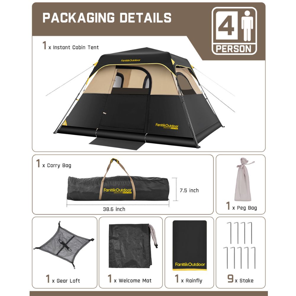 FanttikOutdoor Zeta C4 Pro 4 Person Tent packaging: tent, carry bag, pegs, gear loft, welcome mat, rainfly, stakes.