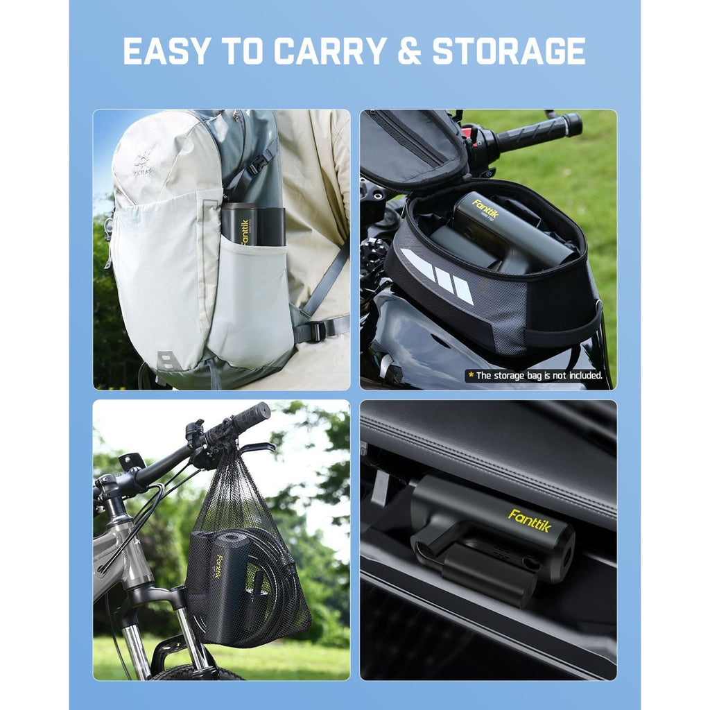 Fanttik NB8 Flip sprayer: compact storage in backpack, motorcycle bag, bicycle mesh, and car console. "EASY TO CARRY & STORAGE."