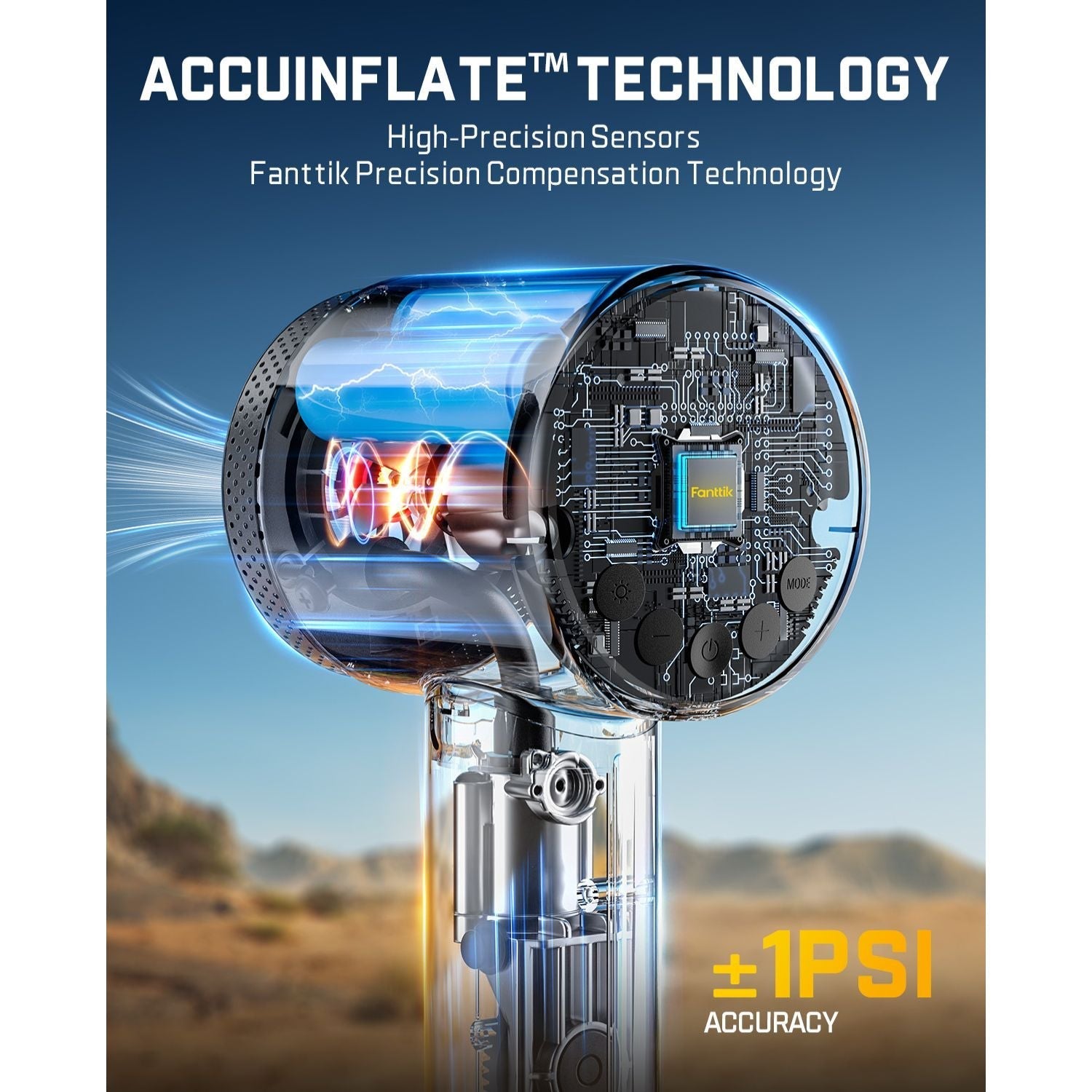 Fanttik X9 Classic tire inflator with Accuinflate technology showing internal circuits and ±1 PSI accuracy.
