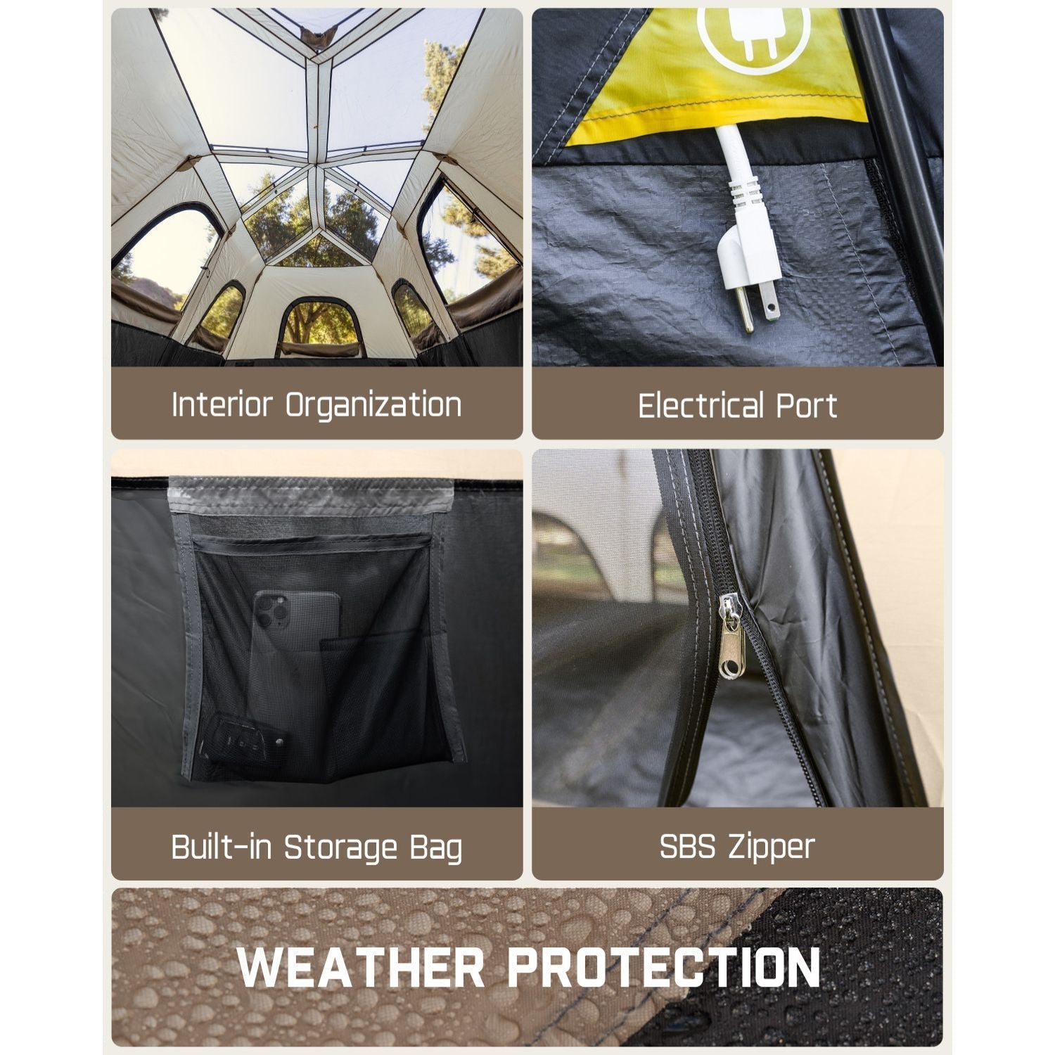 FanttikOutdoor Zeta C12 Pro Max tent features: interior organization, electrical port, storage, SBS zipper, and weather protection.