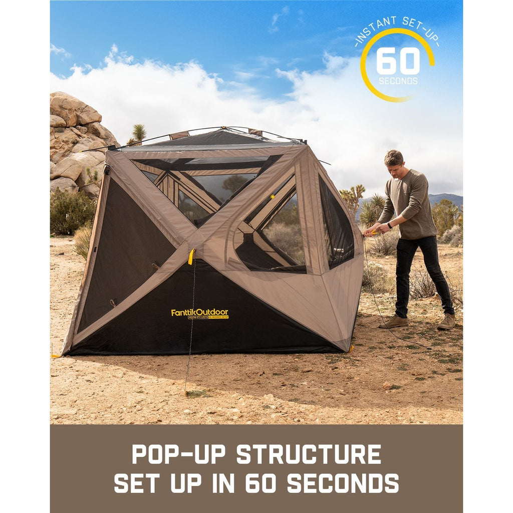 FanttikOutdoor Alpha C4 Ultra instant cabin tent with a man setting it up in 60 seconds, showcasing its pop-up structure.