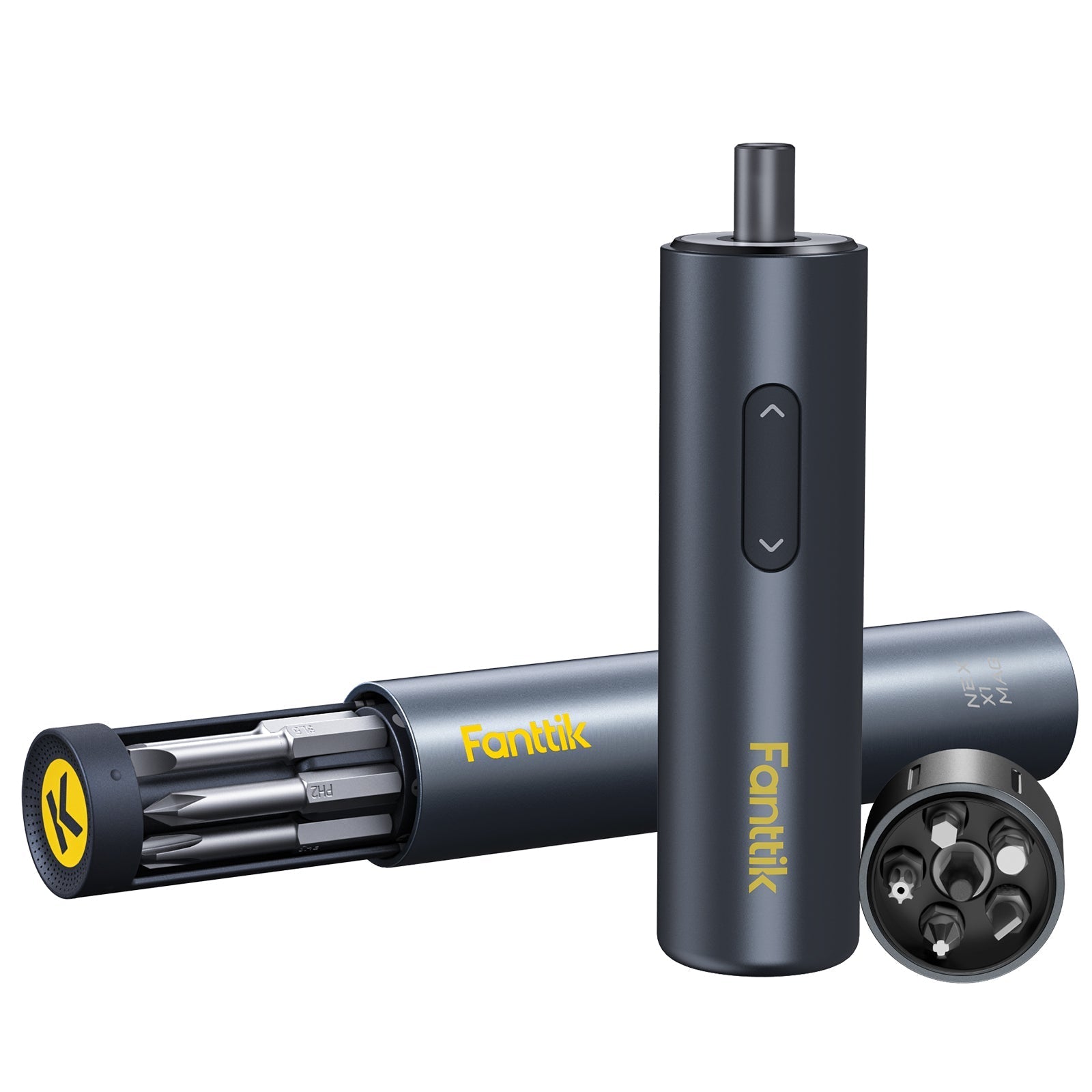 Fanttik S1 Capsule Deluxe cordless screwdriver with bit set, magnetic storage cap, and rotatable holder.