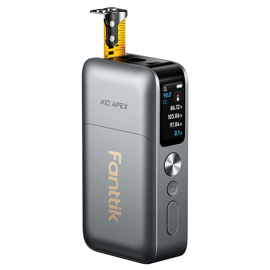 Fanttik A10 Apex 3-in-1 laser distance meter with digital tape, green display, and silver-black body