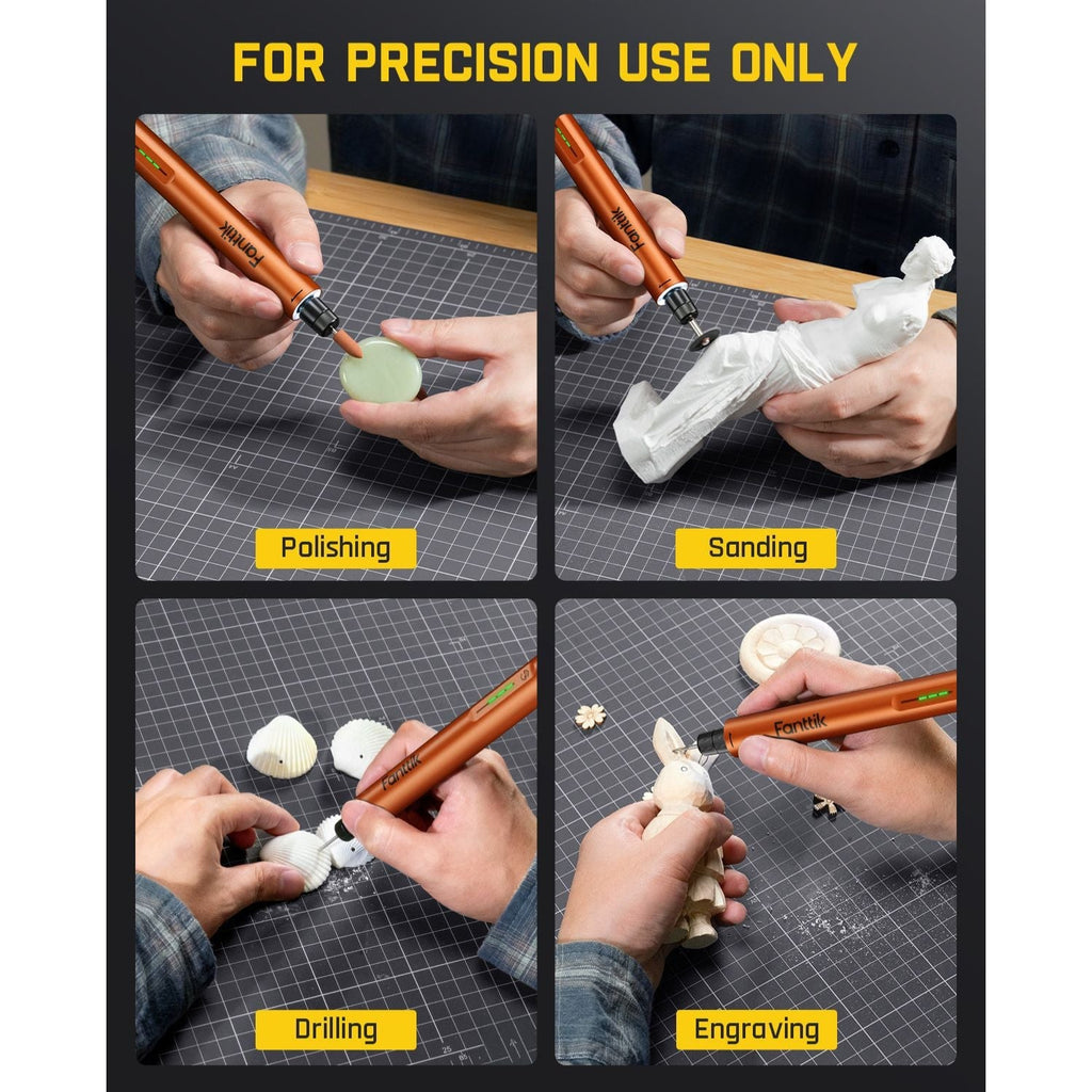 Set of Fanttik F2 Master Cordless Rotary Tool for polishing, sanding, drilling, and engraving on a grid layout with text 'FOR PRECISION USE ONLY'.