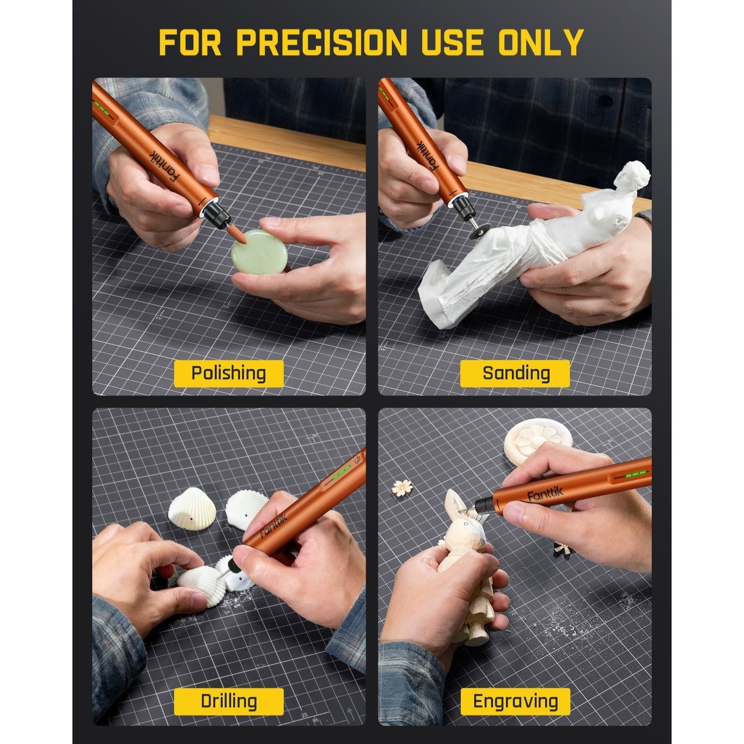 Set of Fanttik F2 Master Cordless Rotary Tool for polishing, sanding, drilling, and engraving on a grid layout with text 'FOR PRECISION USE ONLY'.