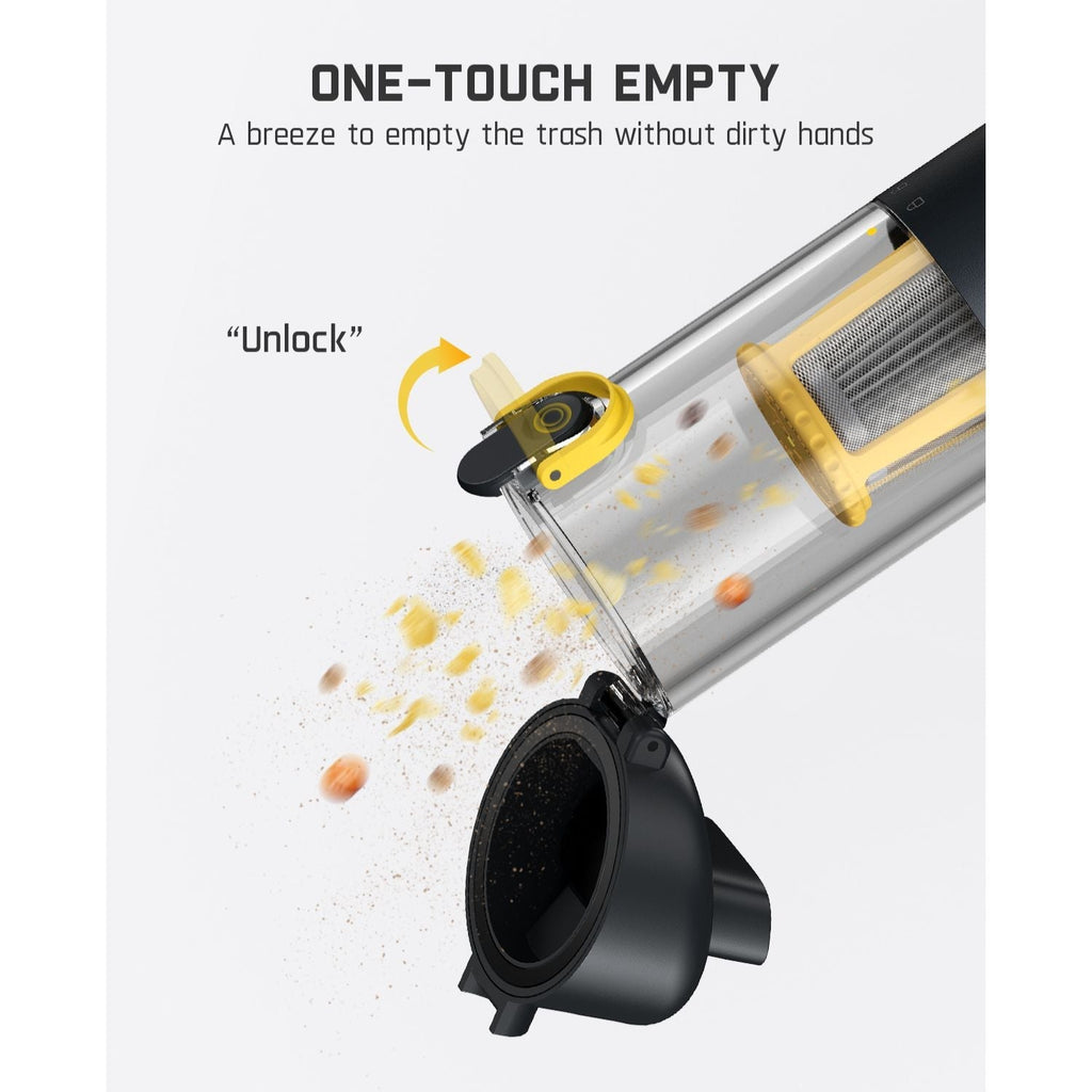 Fanttik Slim V10 Mix car vacuum one-touch dustbin emptying with debris falling.