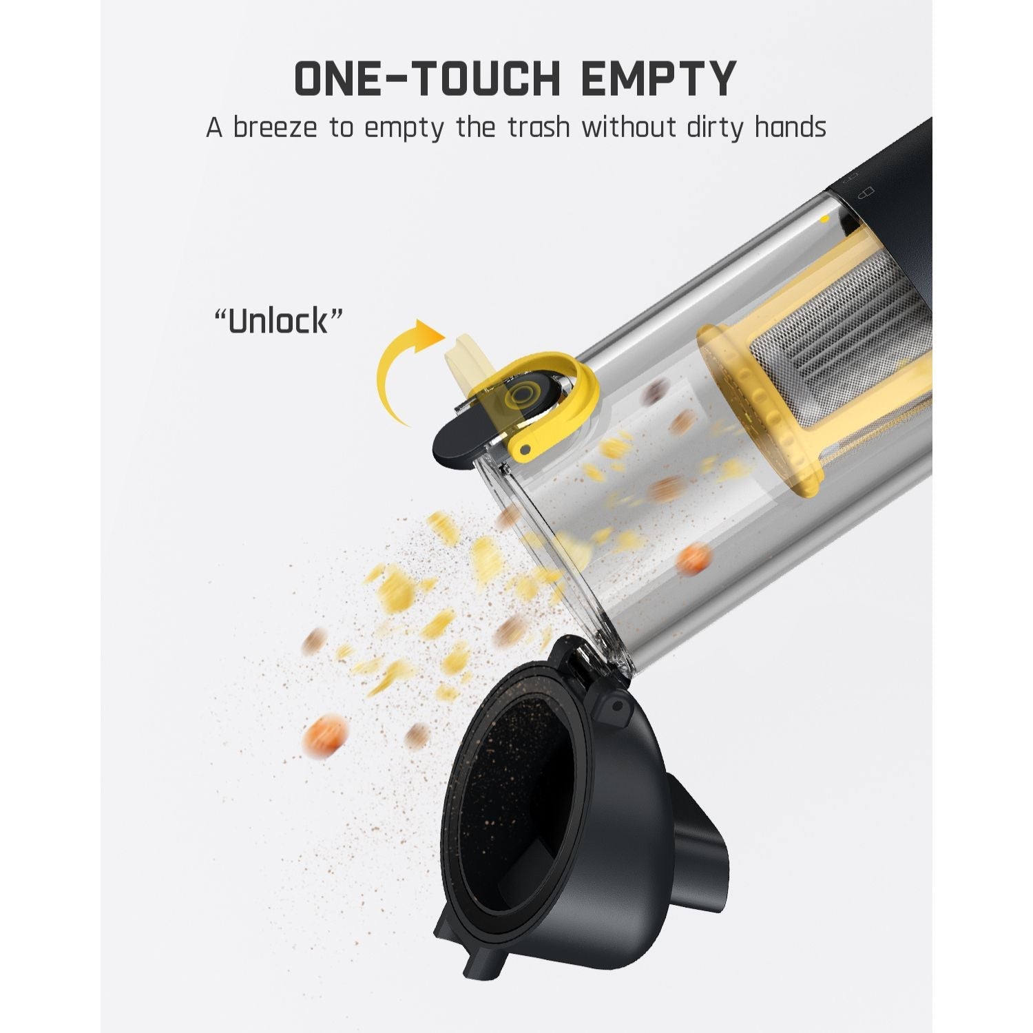 Fanttik Slim V10 Mix car vacuum one-touch dustbin emptying with debris falling.