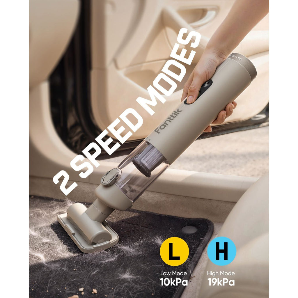 Handheld vacuum cleaning a car seat with '2 Speed Modes' text and power levels displayed.