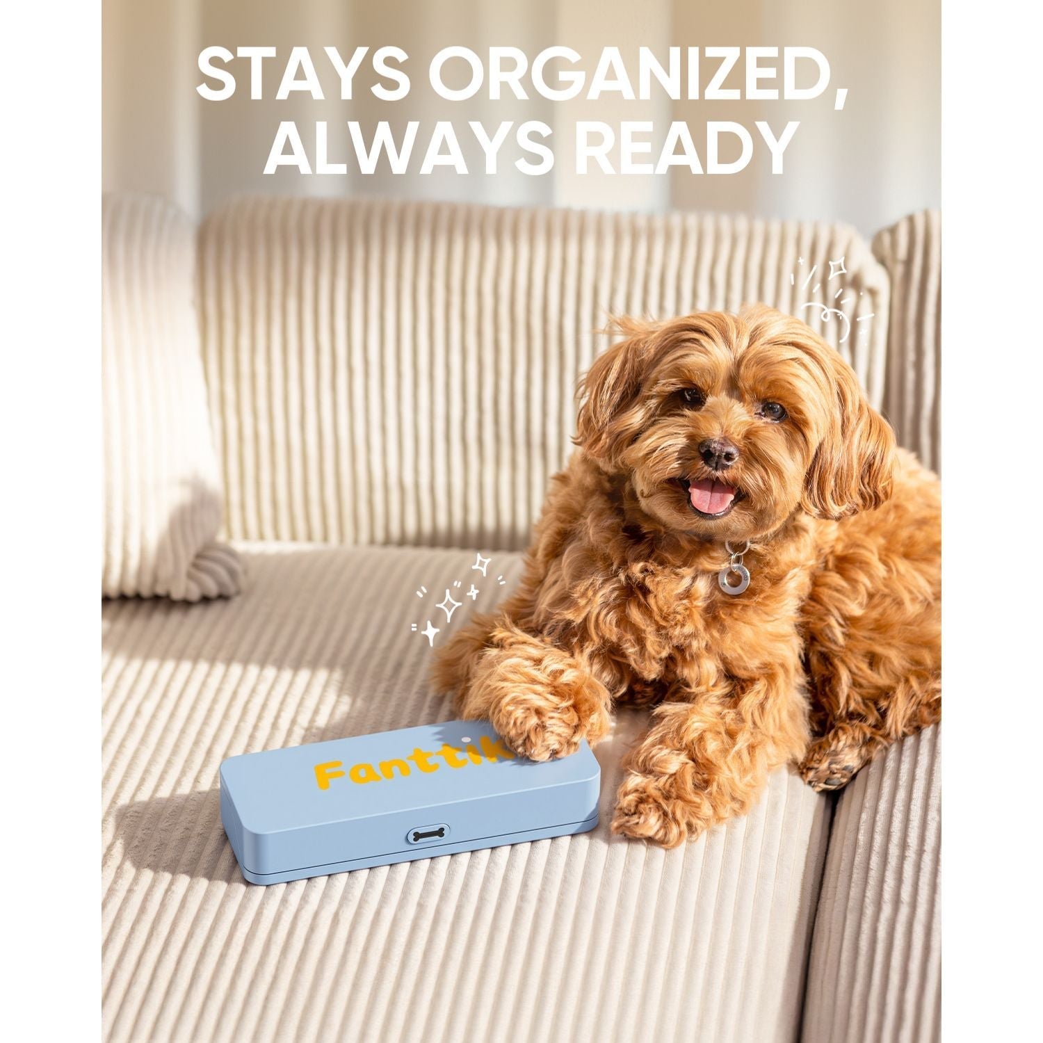 Small brown dog beside Fanttik pet nail grinder case on a sofa, stays organized, always ready