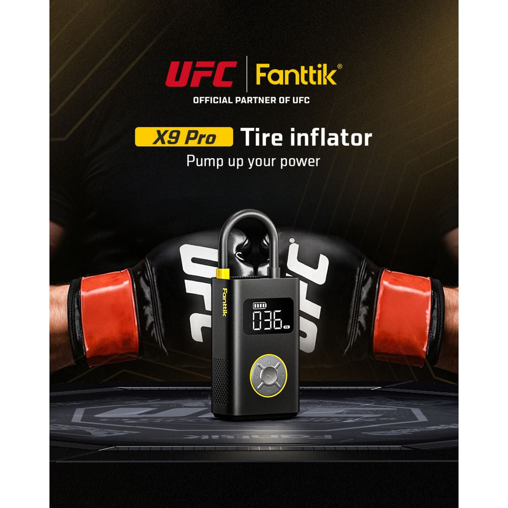 Fanttik X9 Pro portable tire inflator with UFC branding, digital display, and black compact design