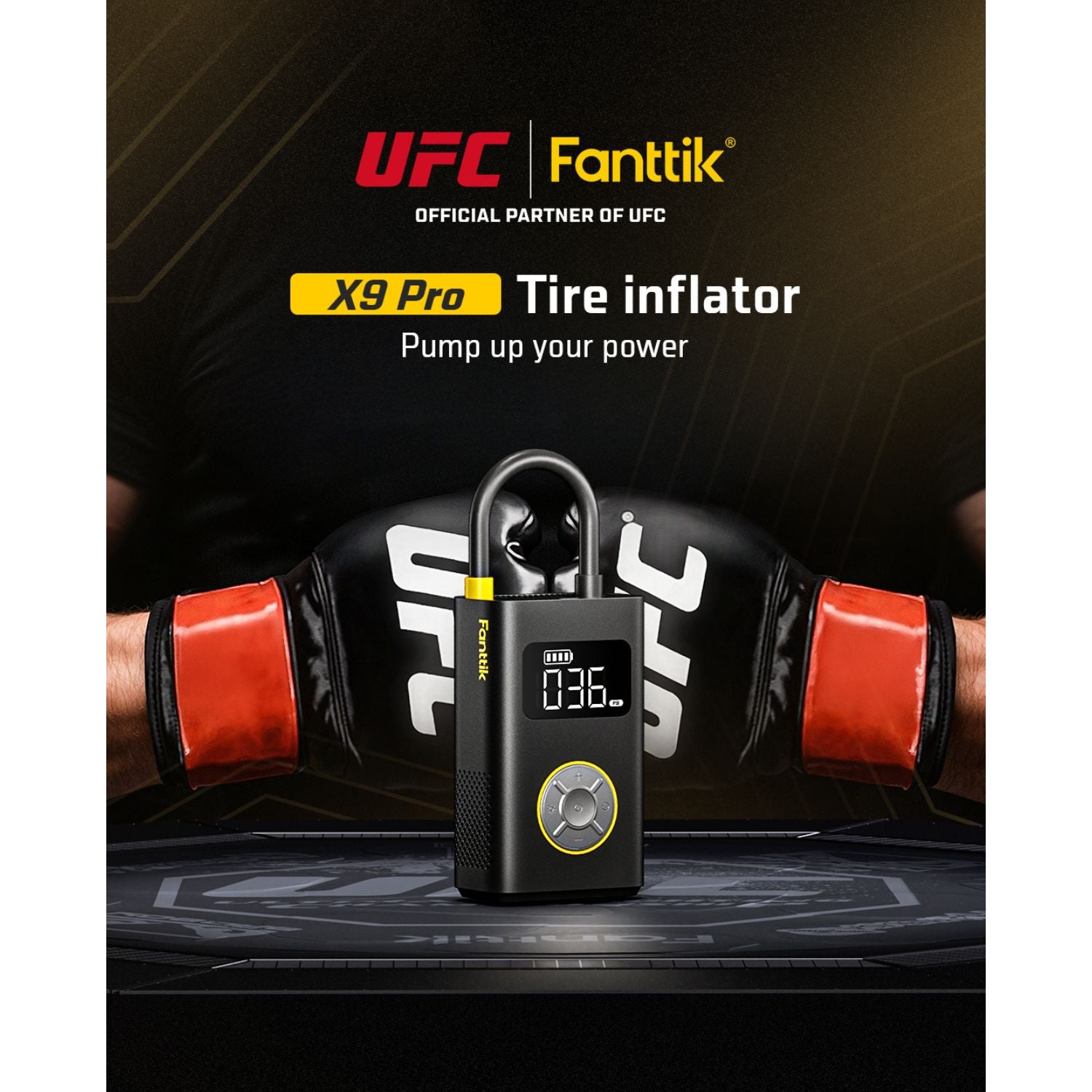 Fanttik X9 Pro portable tire inflator with UFC branding, digital display, and black compact design