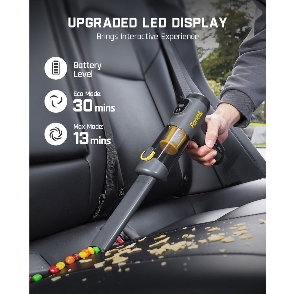 Fanttik Slim V9 Mix car vacuum with LED display showing 30 min Eco mode and 13 min Max mode.