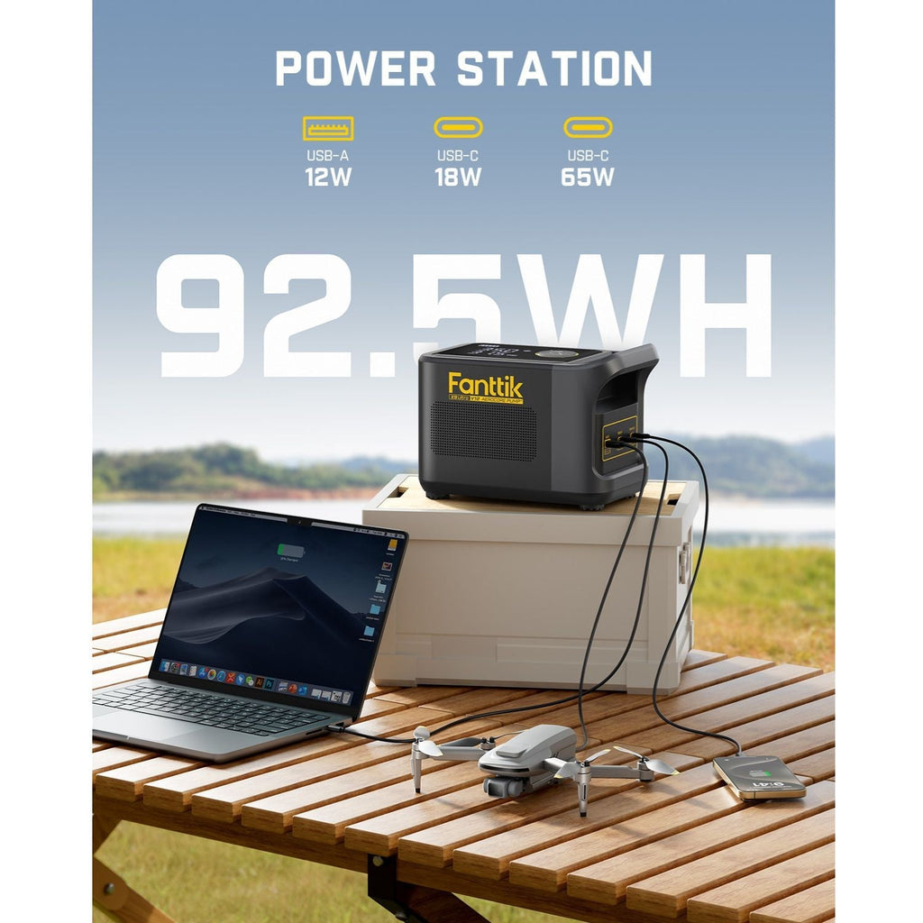 Fanttik X9 Ultra tire inflator as a 92.5Wh power station, charging laptop, drone, and phone.
