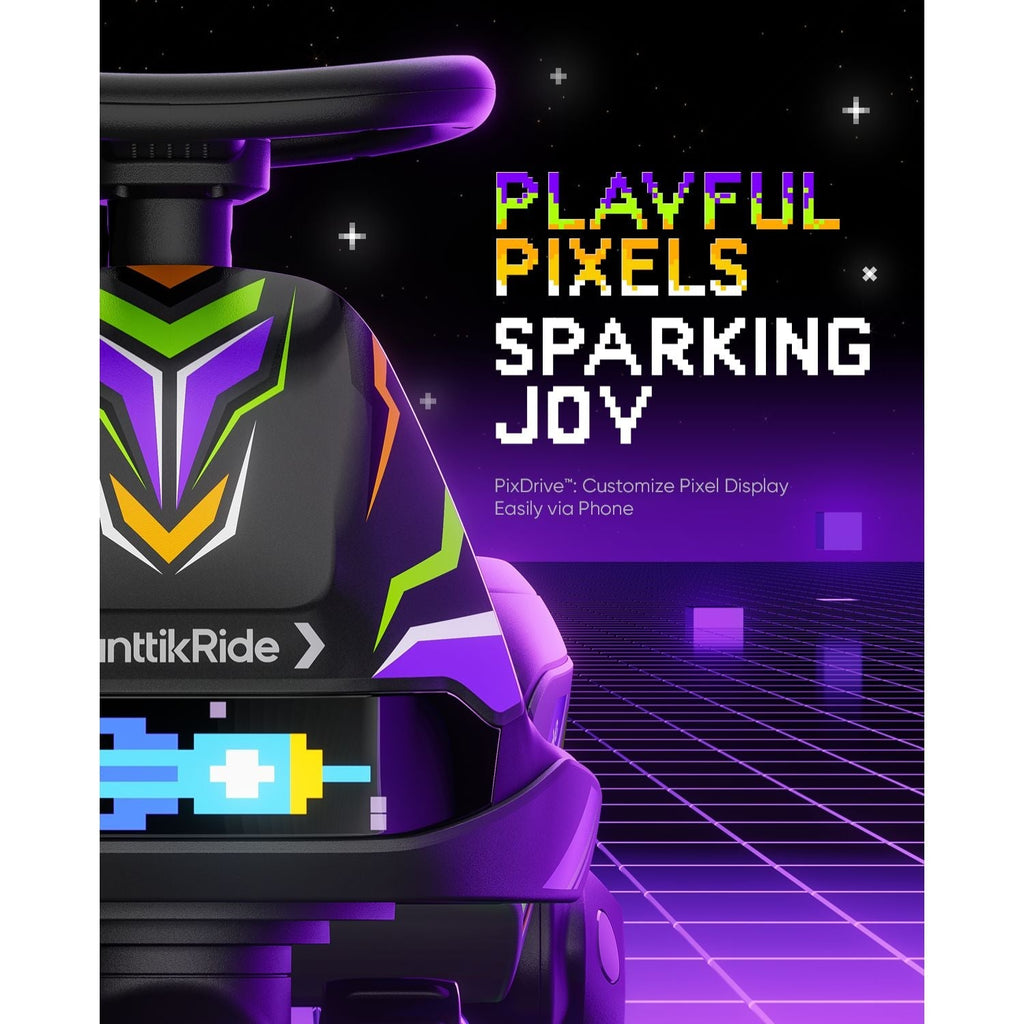 A close-up promotional graphic of a futuristic ride-on toy vehicle, likely a PiDrive Ride model, featuring a black body with neon purple, green, and orange graphics. The background is a retro-futuristic purple grid with pixel art text reading 'PLAYFUL PIXELS SPARKING JOY' and 'anttikRide'.