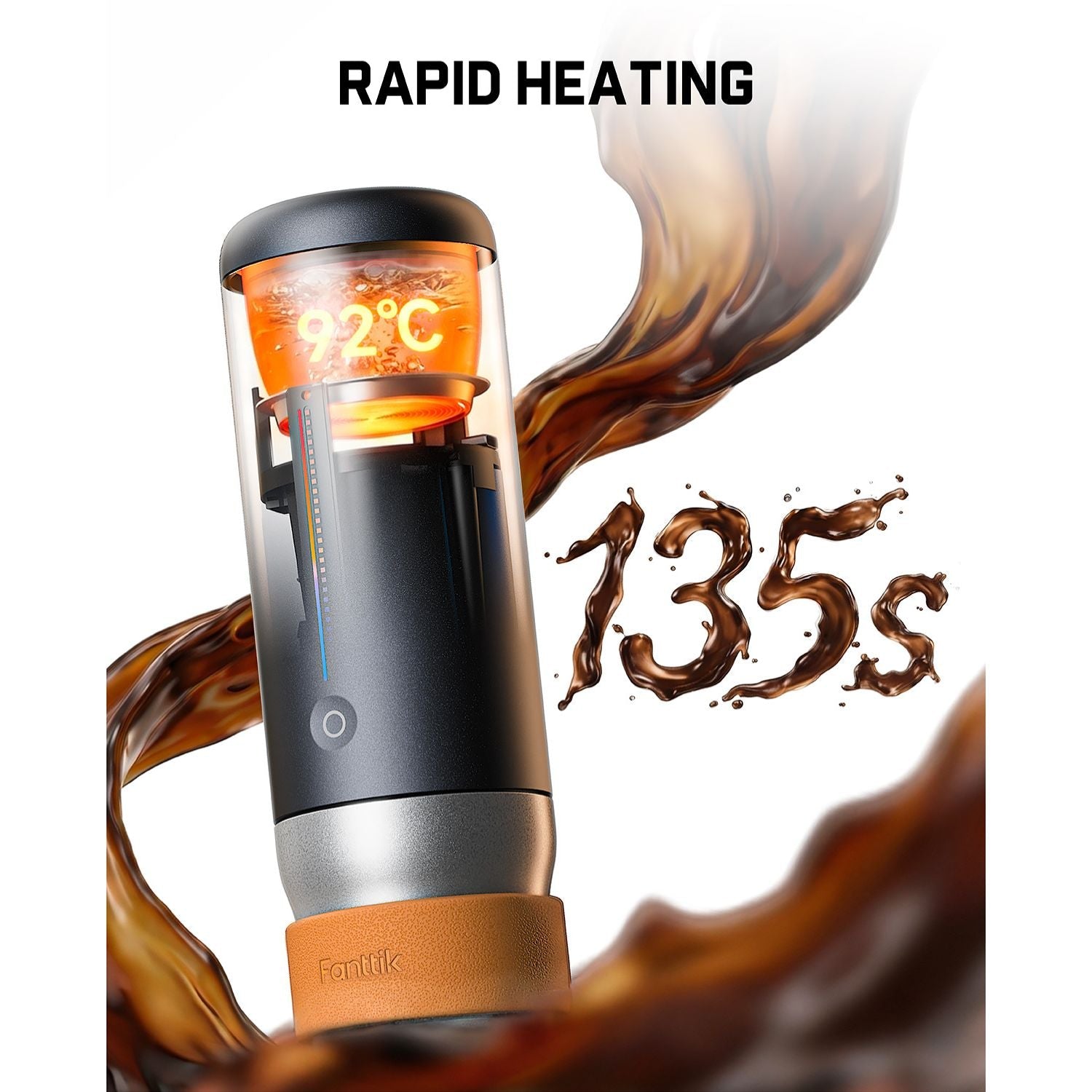 Hot beverage container with rapid heating feature and temperature display, surrounded by coffee swirls.