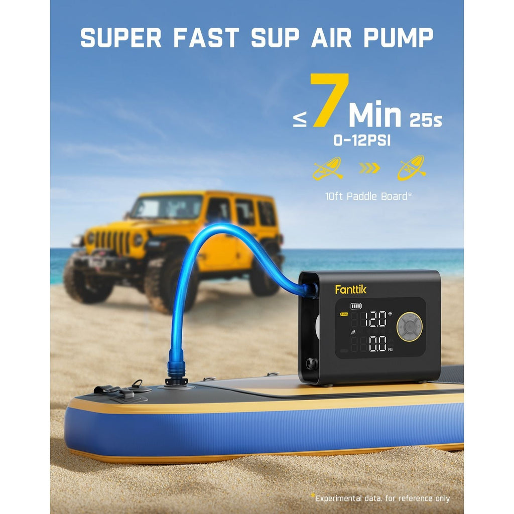 Fanttik X9 Cross SUP air pump inflates 10ft paddle board to 12PSI in under 7.5 mins. Beach setting with Jeep.