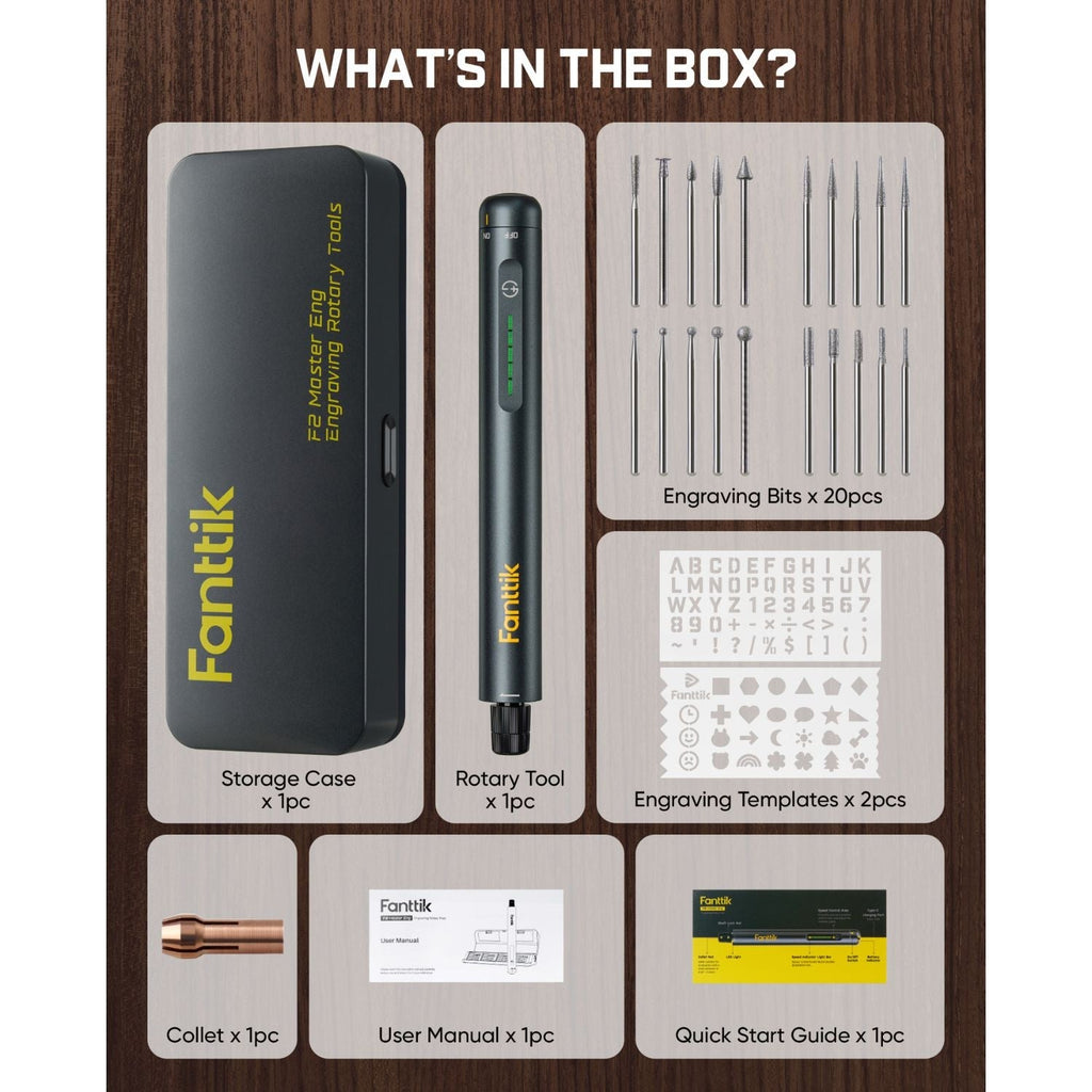 Fanttik F2 Master Engraving Rotary Tool kit with case, 20 bits, templates, collet, and manual