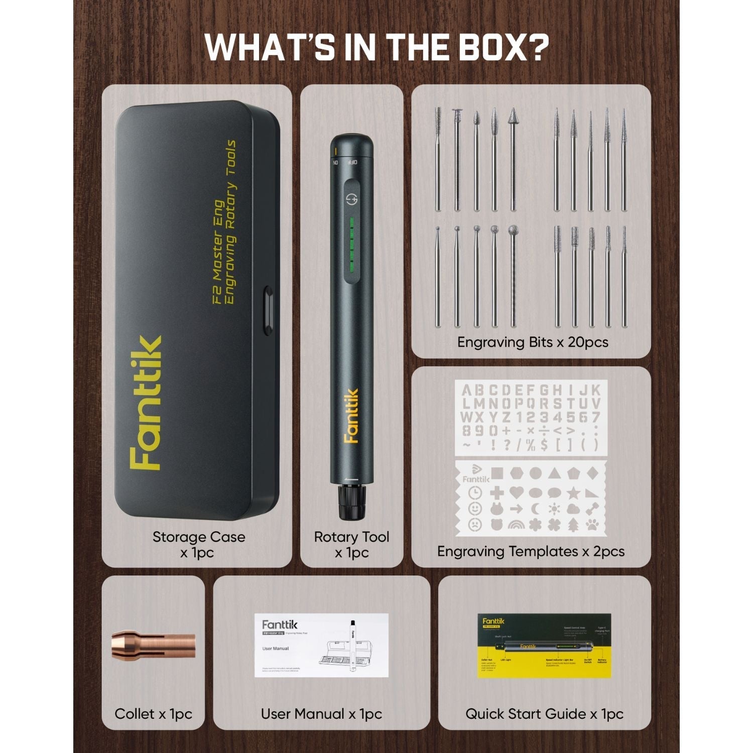 Fanttik F2 Master Engraving Rotary Tool kit with case, 20 bits, templates, collet, and manual