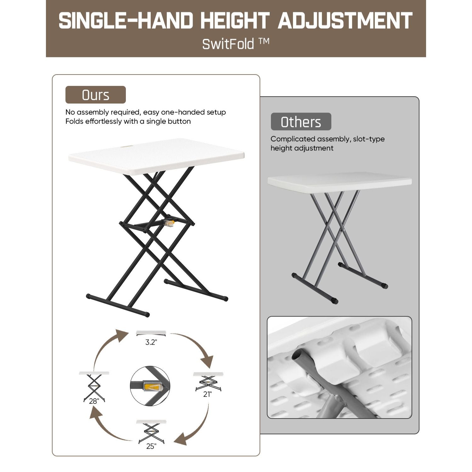 FanttikOutdoor Zeta X1 Pro table: single-hand height adjustment, 3 heights (21-28"), easy fold, white tabletop.