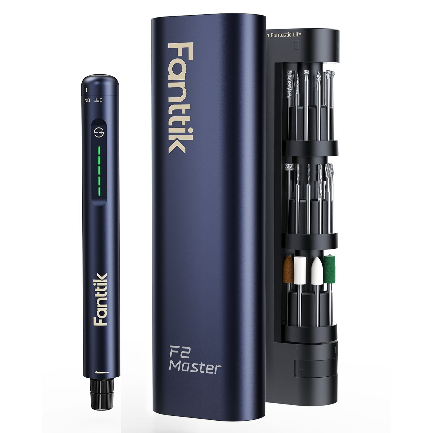 Fanttik F2 Master cordless rotary tool kit with navy body, USB-C charging, and 35 accessories