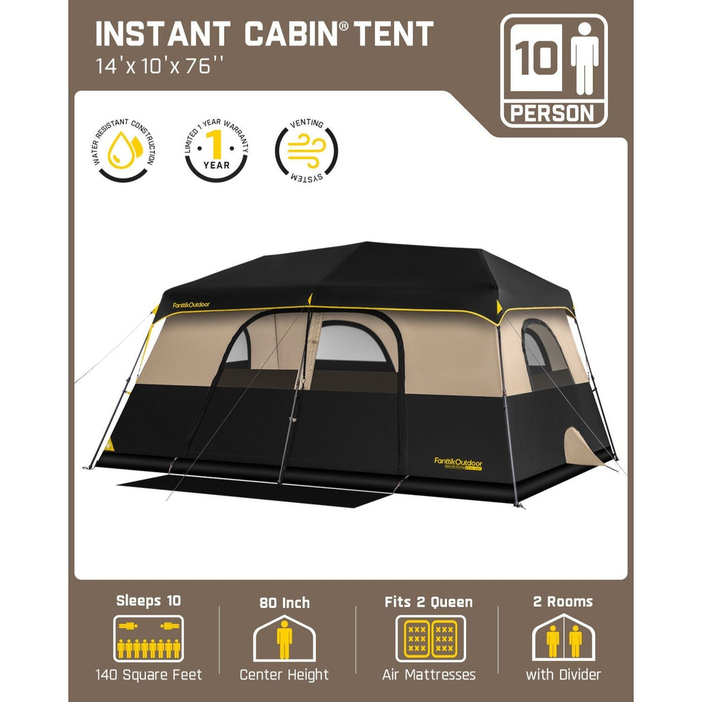FanttikOutdoor Zeta C10 Pro Max 10 Person Camping Tent: instant cabin, 14'x10'x76", sleeps 10, 80" height, fits 2 queen mattresses, 2 rooms.
