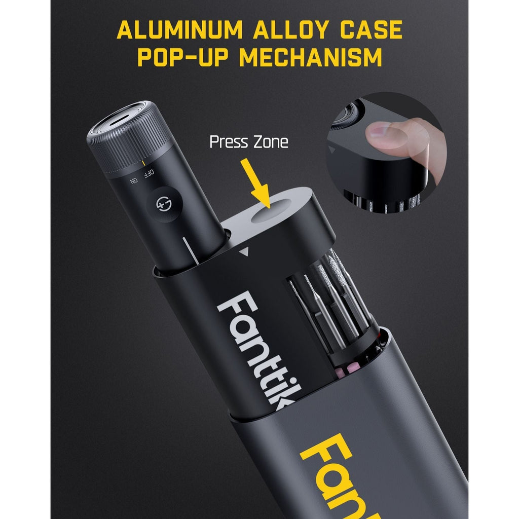 Fanttik F2 PRO Cordless Rotary Tool Kit with aluminum alloy case and pop-up mechanism showing press zone and accessories.