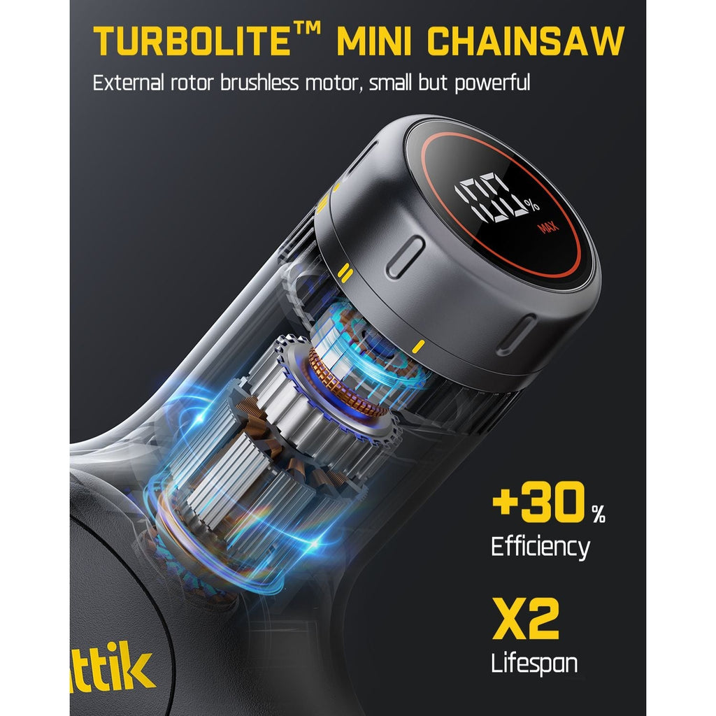 Fanttik W10 APEX mini chainsaw with detailed internal view of brushless motor, showing 30% efficiency and 2x lifespan.