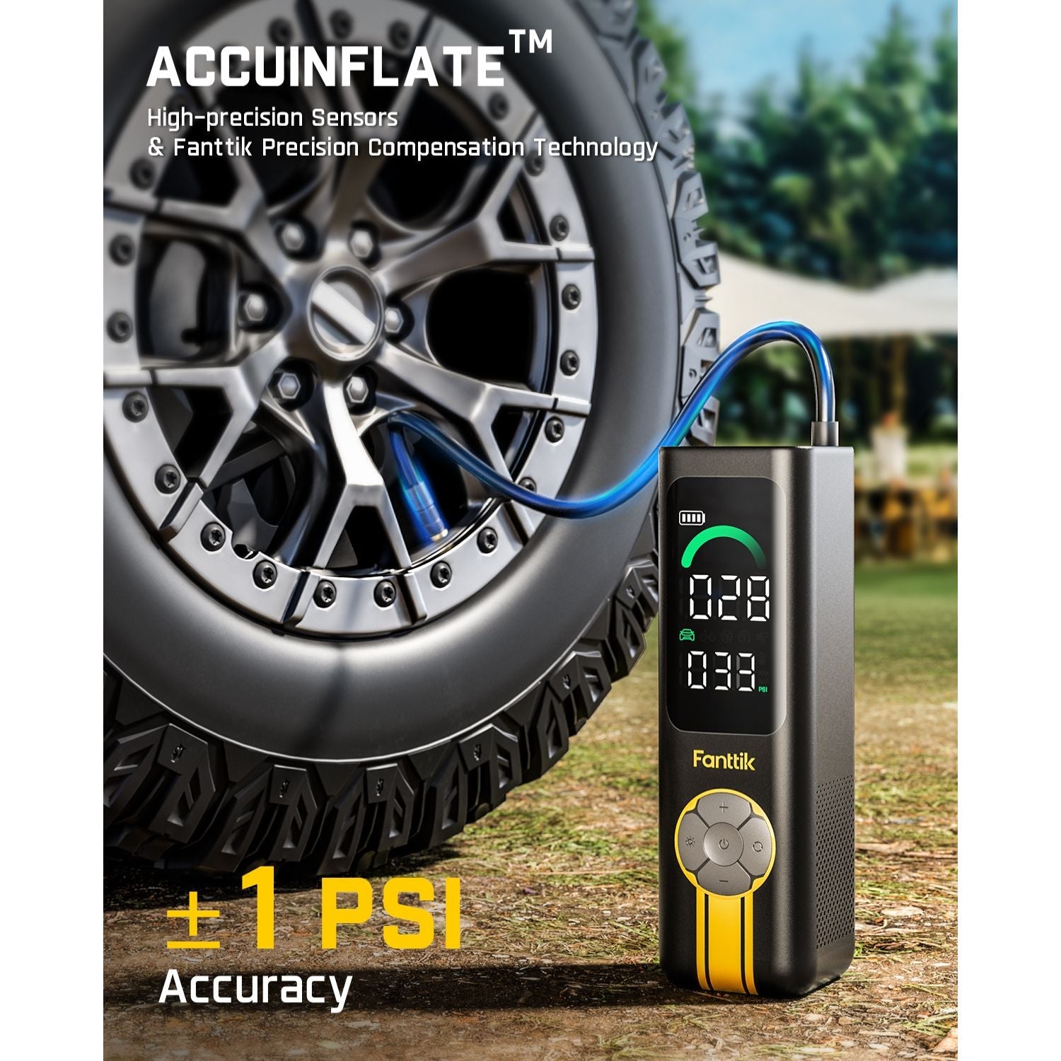 Fanttik X10 Cross tire inflator with ±1 PSI accuracy, showing Accuinflate technology and sensor details.