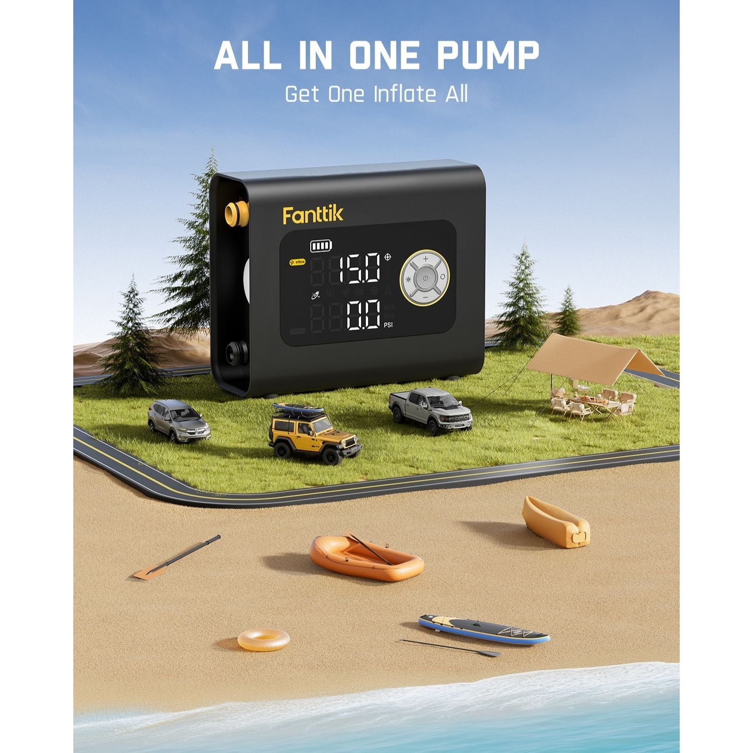 Fanttik X9 Cross™ air pump inflating paddle board, car, and outdoor gear. Features 'ALL IN ONE PUMP' text.