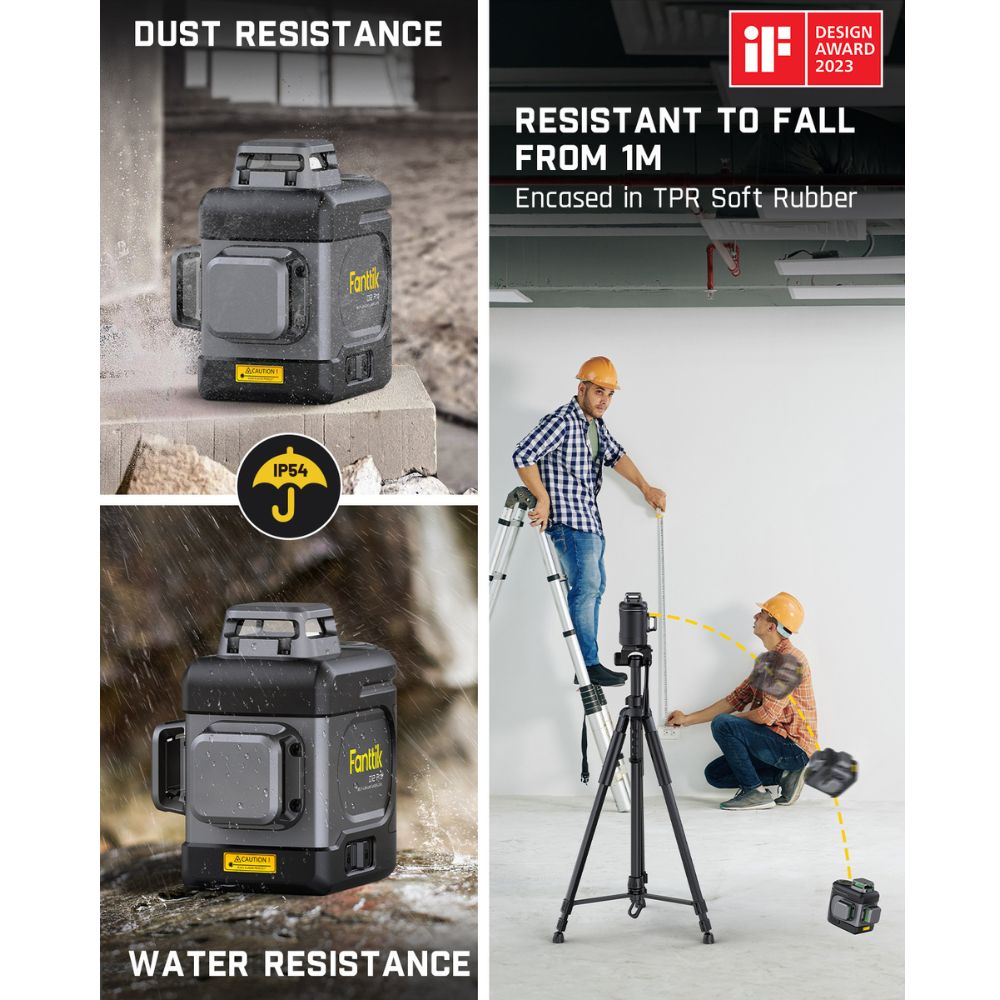 Fanttik D12 PRO laser level with dust and water resistance. Features fall protection and IF Design Award 2023.