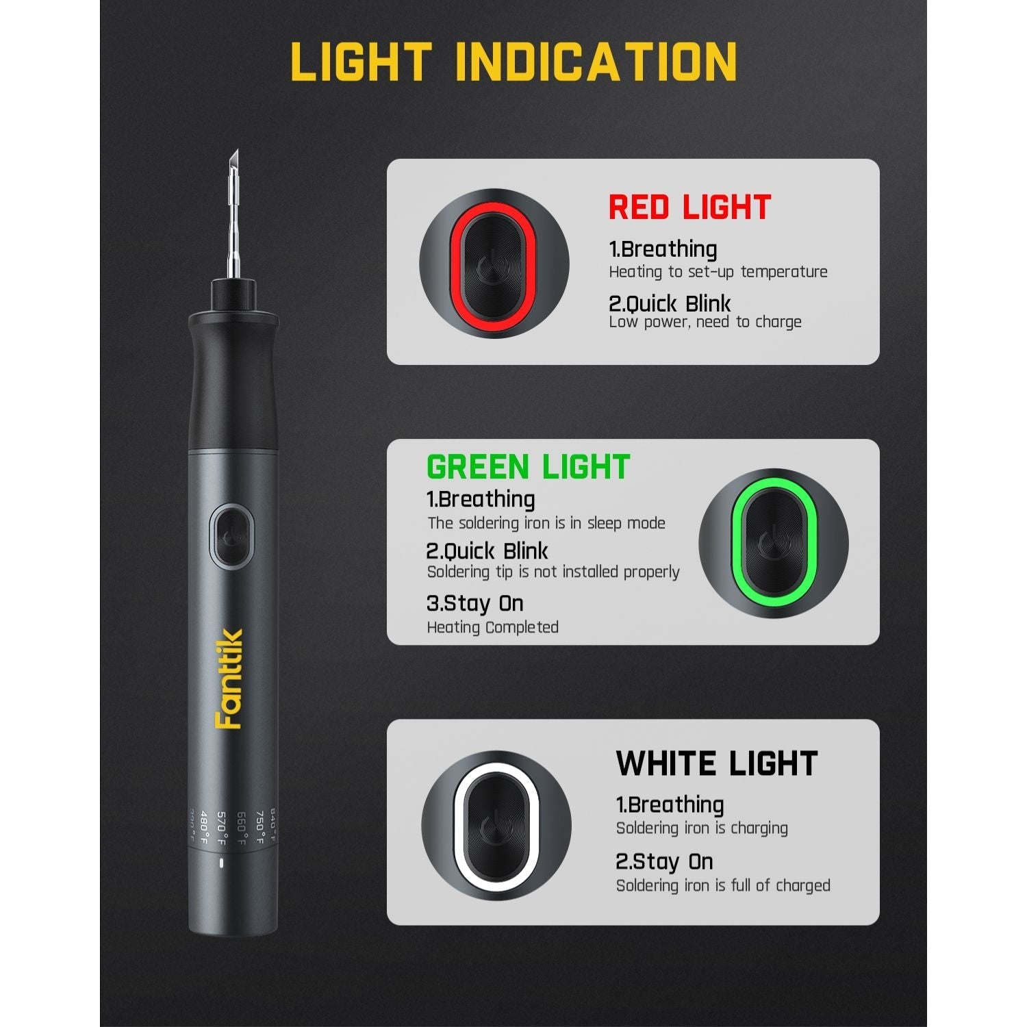 Fanttik T1 Max soldering iron: Red light (heating/low power), green light (sleep/ready), white light (charging/charged).
