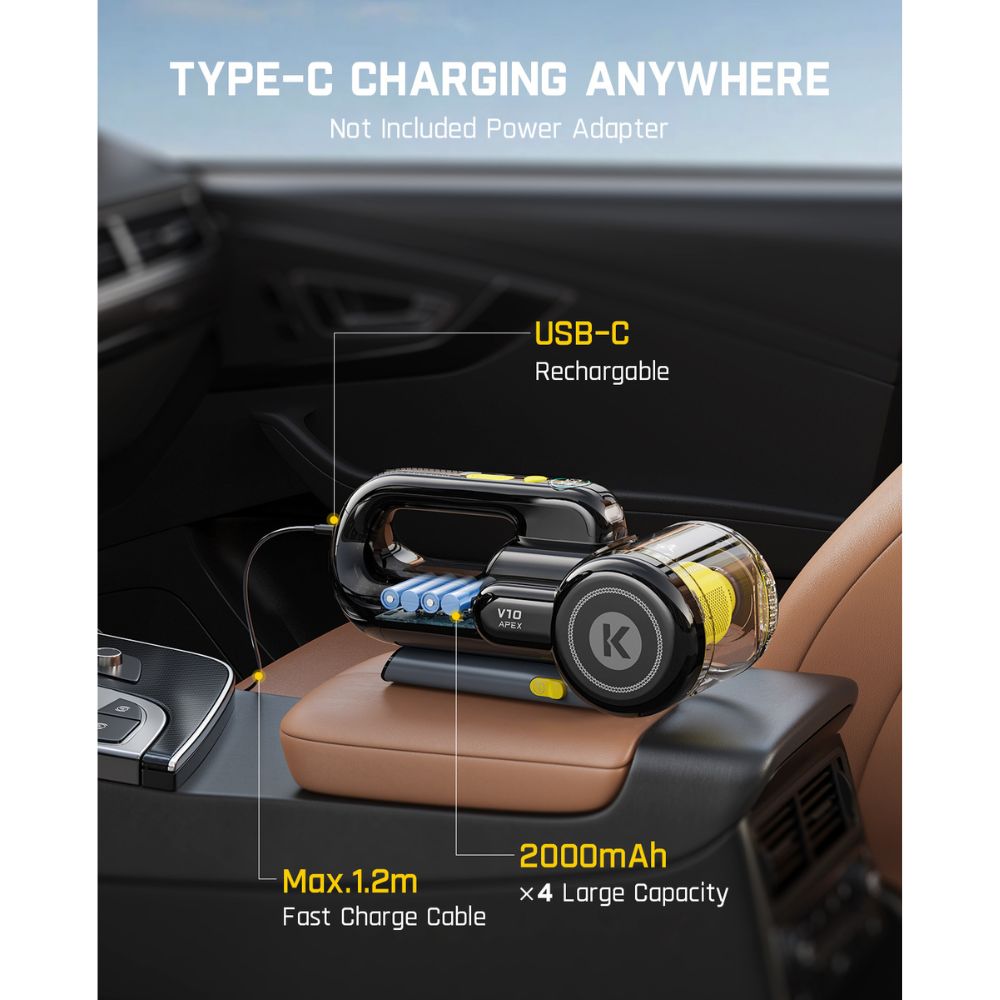 Fanttik V10 Apex car vacuum charging via USB-C, showing 4x 2000mAh batteries and a 1.2m fast charge cable.