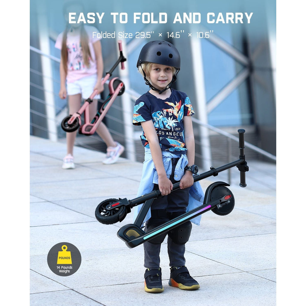 FanttikRide C9 Pro kids electric scooter folds compactly to 29.5" x 14.6" x 10.6", weighing 14 pounds.