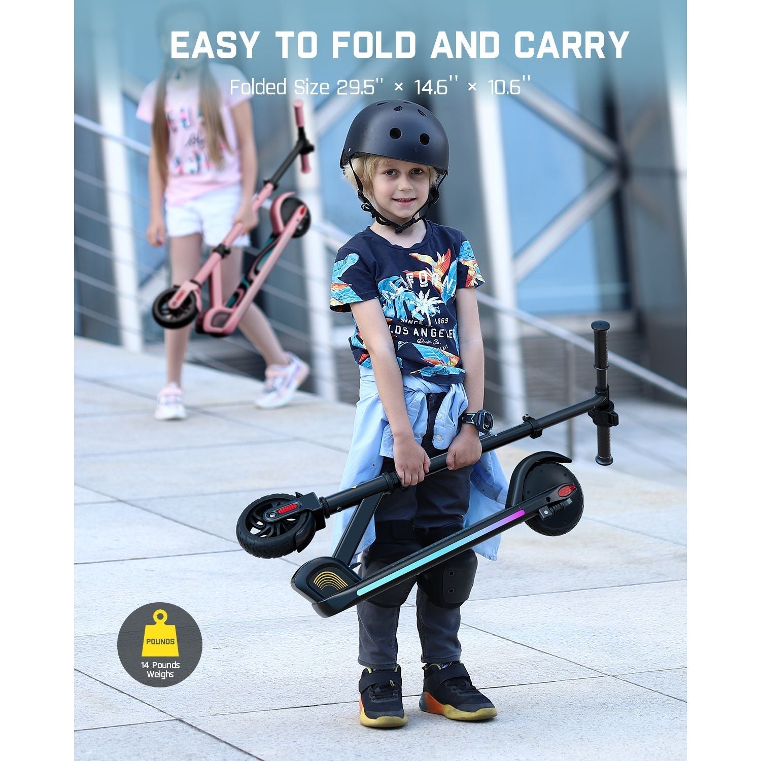 FanttikRide C9 Pro kids electric scooter folds compactly to 29.5" x 14.6" x 10.6", weighing 14 pounds.