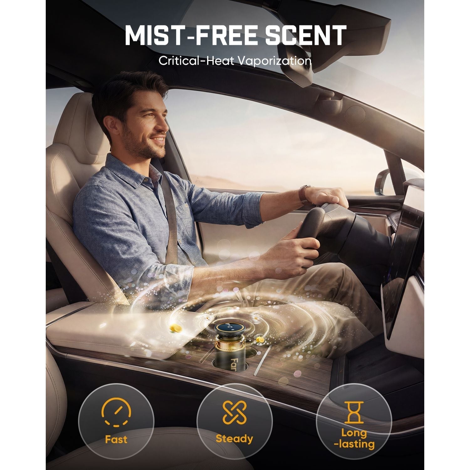 Man driving a car with a Fanttik N10 Smart Car Air Freshener labeled 'Mist-Free Scent' on the dashboard.