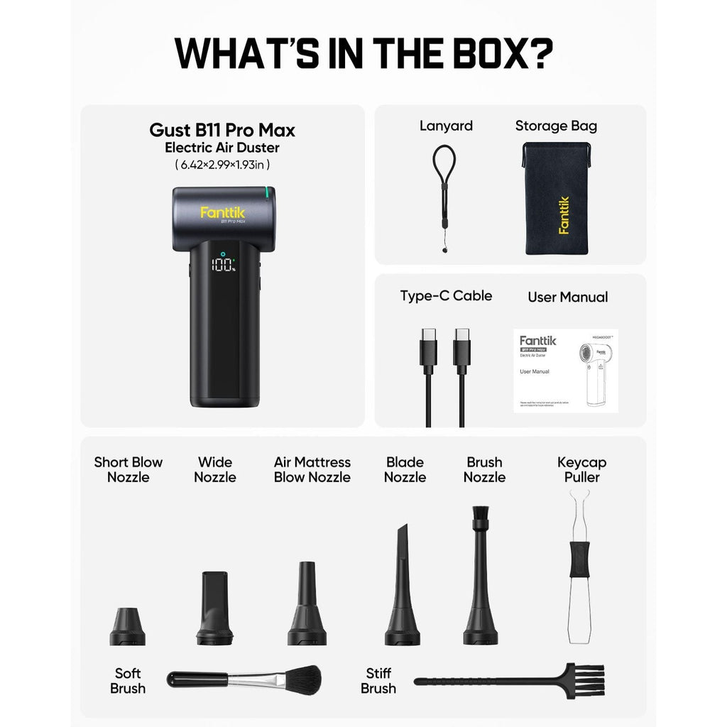 Fanttik B11 Pro Max electric air duster with lanyard, storage bag, Type-C cable, manual, and nozzles