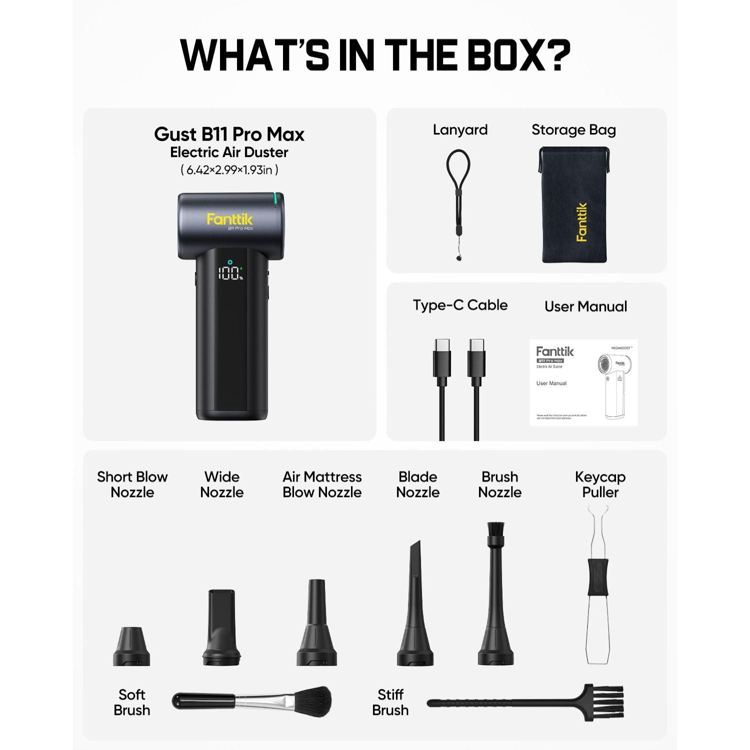 Fanttik B11 Pro Max electric air duster with lanyard, storage bag, Type-C cable, manual, and nozzles